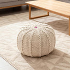 Round Pouf Ottoman, 18" Bordeaux Knitted Cotton Woven Round Pouf, Handmade Woven Bean Bag for Living Room, Floor Bag for Bedrooms, Home, Offices, Sofa Footrest (Beige)