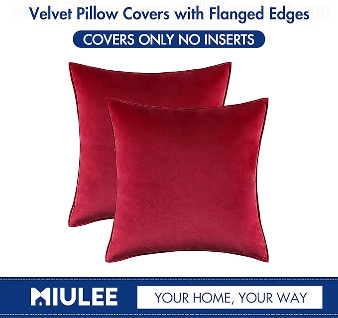 MIULEE Red Velvet Throw Pillow Covers 20x20 Soft Decorative Solid Square Cushion Cases Pack of 2 Modern Luxury Home Decor for Couch, Sofa, Bedroom