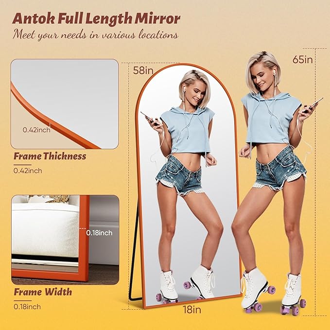 Antok 58" x18” Arched Full Length Floor Mirror, Orange Aluminum Frame, Free Standing/Wall Mount/Leaning for Bedroom, Living Room, Dressing Room