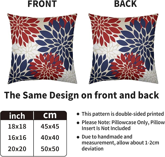 4th of July Blue Red White Pillow Covers 22X22 Inch Set of 2, Modern Dahlia Floral Print Decorative Throw Pillow Covers Outdoor Farmhouse Cushion Case for Home Couch Sofa Bed Decoration