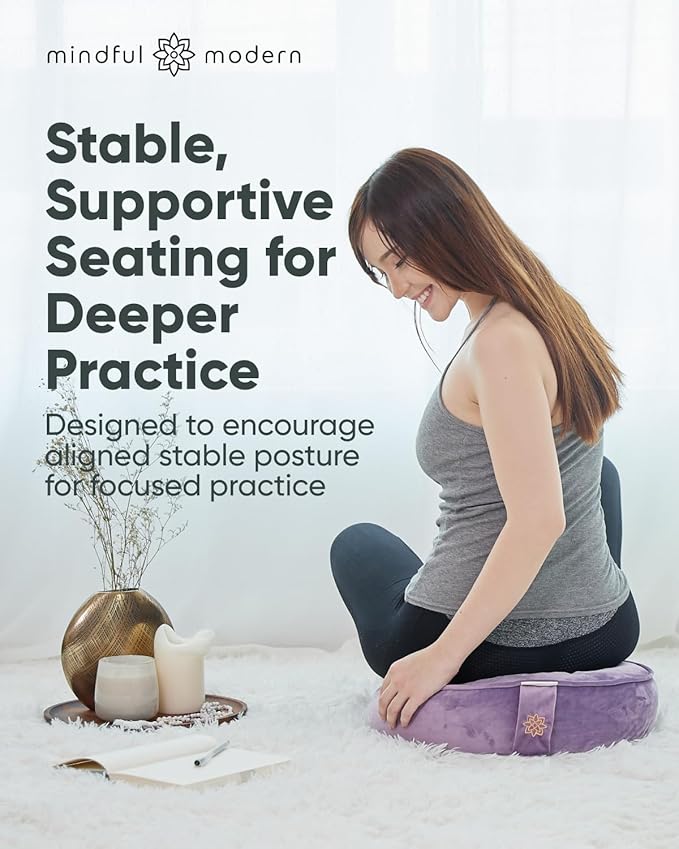 Mindful Modern Velvet Meditation Cushion | Luxe Zafu Yoga Floor Pillow Seat | Posture Support | Buckwheat Hull Filled | Large Round Cushion with Removable Washable Cover + Carry Handle