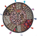 Sophia-Art Indian Embroidered Patchwork Cover Indian Decorative Comfortable Floor Cotton Cushion Ottoman Pouf, Designs Ethnic Patchwork Pouf (Black, 14"x22") (Cover Only)