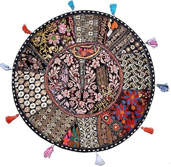 Sophia-Art Indian Embroidered Patchwork Cover Indian Decorative Comfortable Floor Cotton Cushion Ottoman Pouf, Designs Ethnic Patchwork Pouf (Black, 14"x22") (Cover Only)
