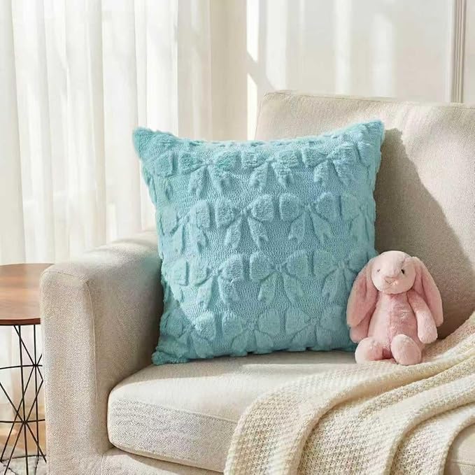 AVOIN colorlife Blue Spring Bow Throw Pillow Covers Set of 2, 20 x 20 Inch Coquette Aesthetic Room Decor Soft Plush Faux Fur Cushion Case for Girls Room