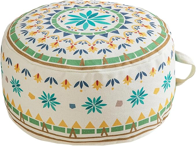 MOCOFO Round Bohemian Ottoman Pouf Cover, 18 Inch, Cotton Blend, Church Window Print, Living Room Storage Footrest, Cover Only (Green Diamond)