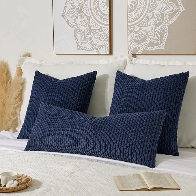 Kevin Textile 14x36 Inch Long Lumbar 1 Pack Boho Decorative Throw Pillow Cover Soft Striped Corduroy Rectangle Cushion Case Farmhouse Solid Color Accent for Living Room Couch Sofa Bed, Navy Blue