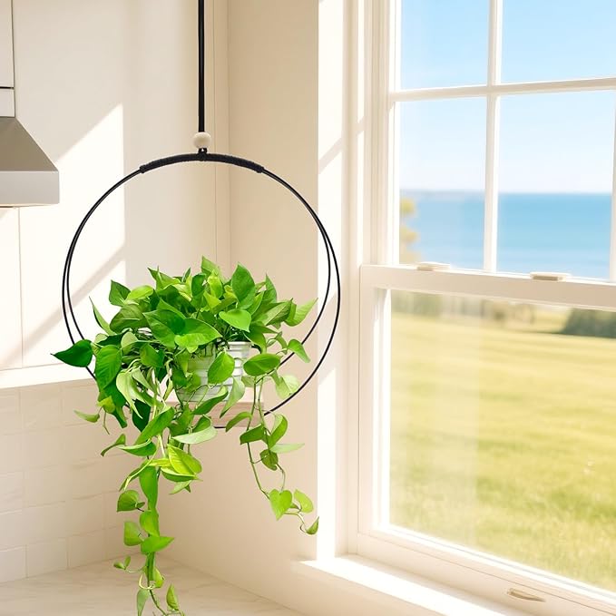 2Pcs Black Plant Hanger with Wood Base, Hanging Window Planter Boho Macrame Hanging Plant Holders, for Window Indoor Outdoor Room Ceiling Home Decorations