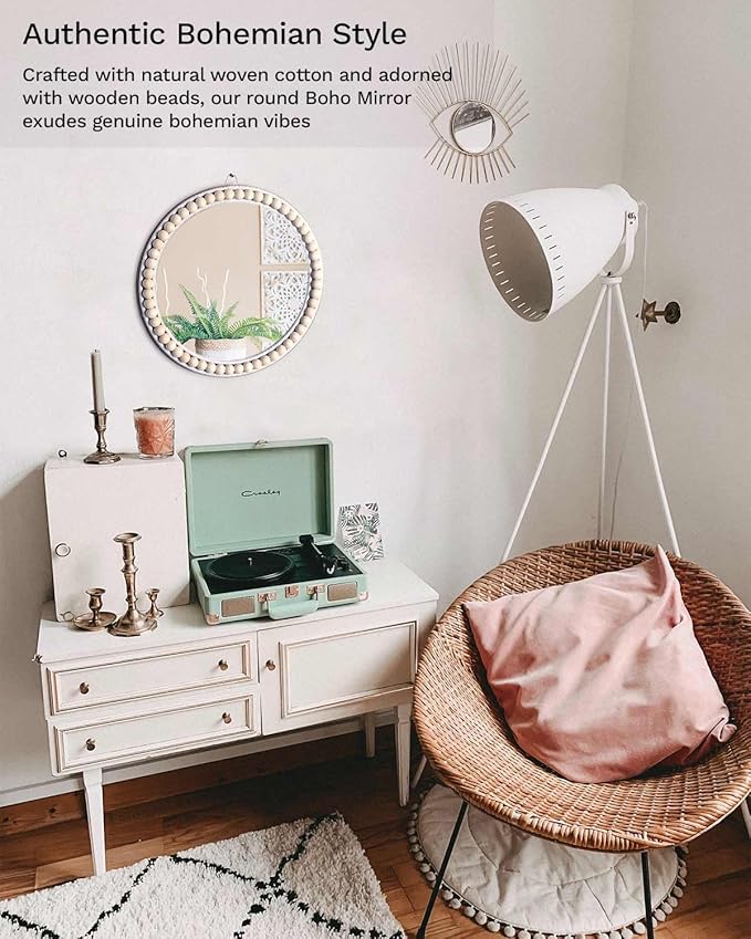 Poeme Boho Wall Mounted Circle Mirror, Wooden Round Wall Decor for Bathroom Living Room Bedroom, Decorative Hanging Farmhouse Nursery Furniture (14 Inch)