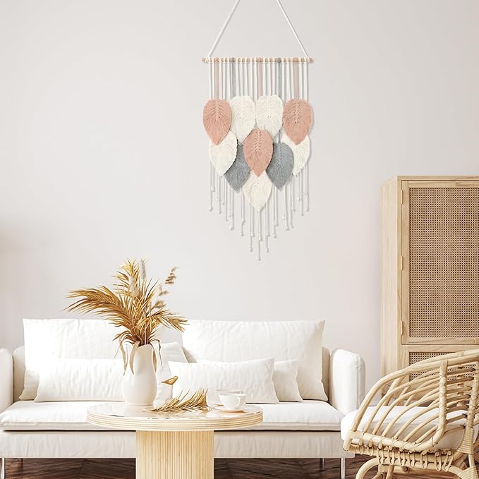 Alynsehom Macrame Wall Hanging, Boho Woven Tapestry, Chic Modern Bohemian Handmade Leaf Feather Wall Art Home Decor for Apartment Dorm Living Room Bedroom Nursery Backdrop(16.5" W X 29.5" L)