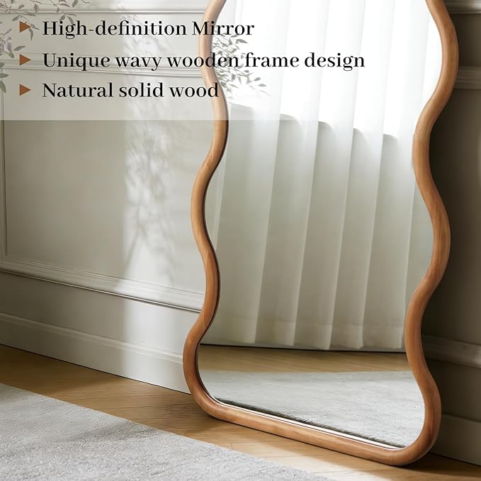 WallBeyond 24"x65" Full Length Wood Arched Mirror, Natural Wood Boho Accent Mirror with Wavy Design, Decorative Floor or Wall Mounted Mirror for Bedroom
