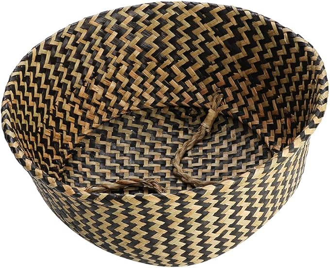 1Pc Woven Seagrass Belly Basket for Storage, Laundry, Picnic, Plant Pot Cover, and Grocery and Toy Storage (Black (Wavy Pattern))