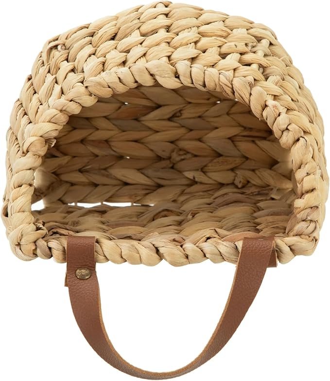 Water Hyacinth Hanging Basket with Faux Leather Strap - Handwoven Boho Wall Basket for Plant Flower Storage Home Decor (1)