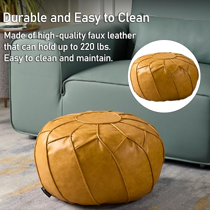 Louis Donné Moroccan Pouf Cover Unstuffed Waterproof Faux Leather Ottoman Foot Rest, Round Storage Bean Bag Chair for Stuffed Animals, Boho Floor Cushion for Living Room Patio, (Yellow)