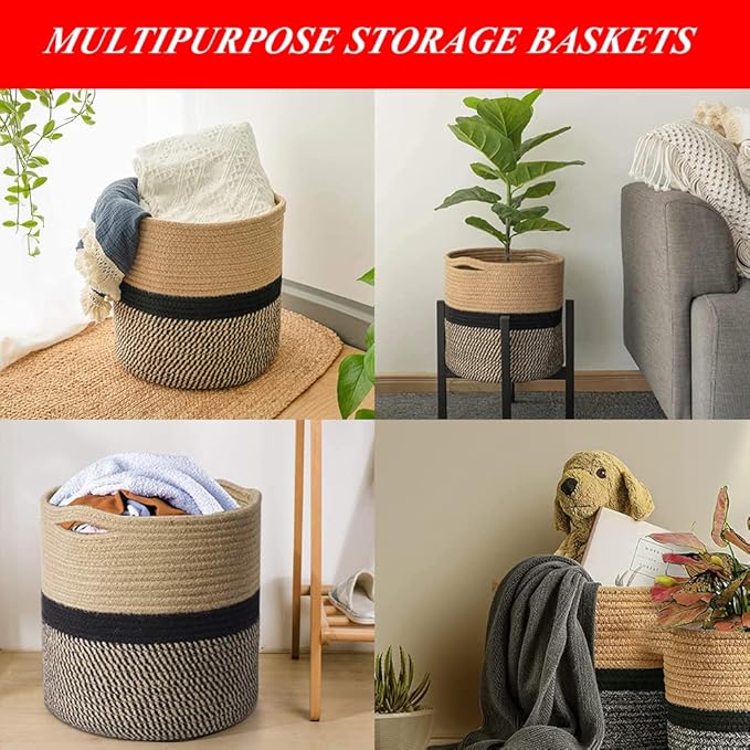 Woven Cotton Rope Plant Basket for Flower Pot Indoor Planters, 10" x 10" Jute Foldable Storage Basket Organizer Modern Decor Household Laundry Basket