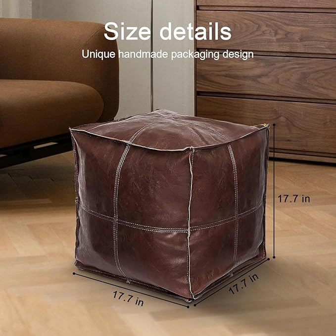 Louis Donné Unstuffed Ottoman Pouf Cover, Faux Leather Pouf Cover Foot Stool, 17.7" Square Small Bean Bag Footstool, Soft Ottoman FootRest with Storage for Living Rooms Bedrooms, Brown(ONLY Cover)
