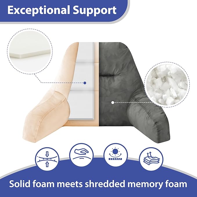 Reading Pillows for Sitting in Bed Adult, Back Pillow for Bed Sitting Up, Backrest Pillows with Shredded Foam for Adult&Teens, Support Pillow with Arms for Beds, Couch, Floor, 20in, Beige