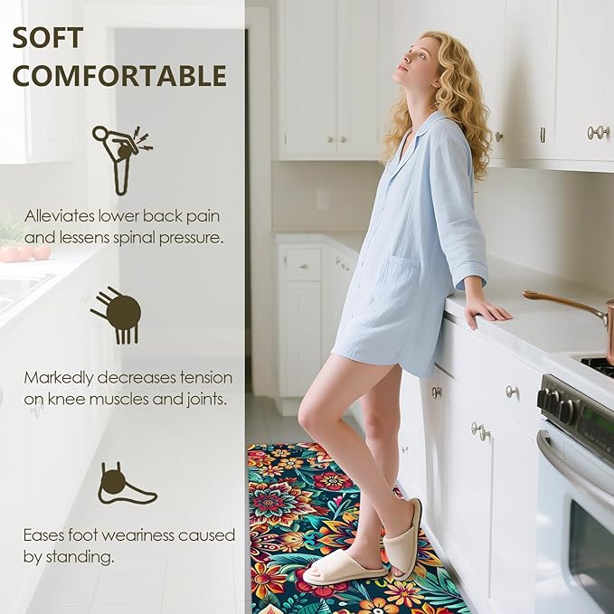 Flower Rugs for Kitchen Floor, 2PCS Anti Fatigue BohoFloral Kitchen Rugs Mats for Floor Rubber Non Slip, Washable Cushioned Colorful Flower Carpet Rug for Sink Laundry 15.7"×27.5" +15.7"×47" 3.5mm
