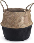 DOKOT Seagrass Belly Basket with Handles Natural Woven Planter Baskets for Indoor Plants Storage Laundry (Black 8 inch D x 9 inch H)