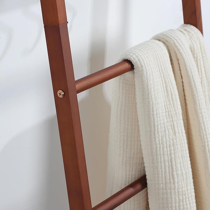 Taozun 6-Tier Wood Blanket Ladder for Living Room, Rustic Wooden Farmhouse Quilt Ladder with 4 S-hooks, 66-Inch Wall Leaning Throw Towel Rack, Space-Saving and Blanket Disply Rackfor Bedroom, Bathroom