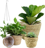 4 Pcs Seagrass Planter Basket Flower Pots with Plastic Liners 5.1 in,7 in, 9 in,10.2 in Hand Woven Plant Basket with Flower Pot Chain, Perfect for Indoor Outdoor Flower Pots Decoration