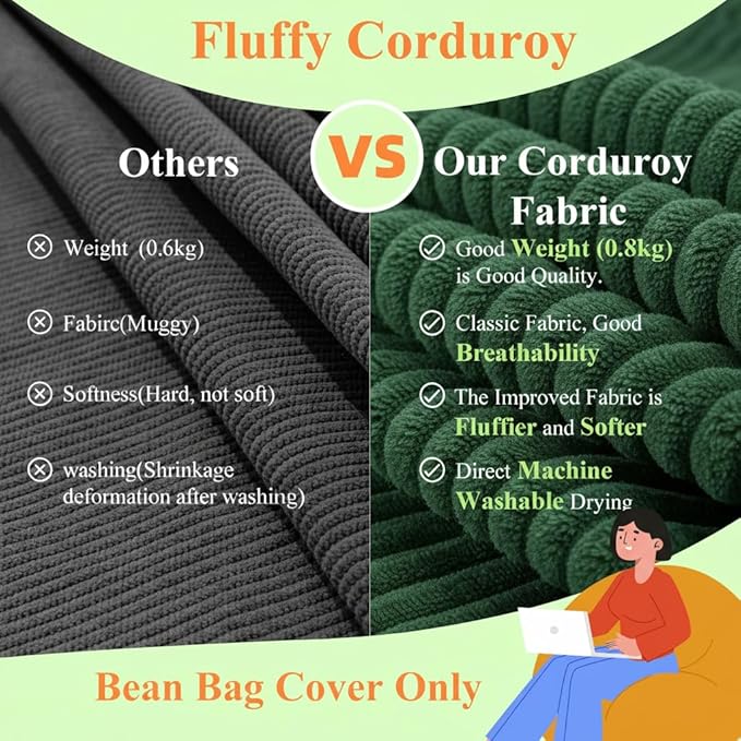 Stuffed Animal Storage Bean Bag Cover (No Filler), Corduroy Kids & Toddler Bean Bag Chair for Teens & Adults, Toy Storage Organizer, Comfy Sofa for Playroom (Dollar Green, Kids (Cover Only）)
