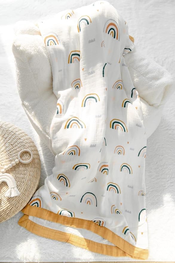 Rainbow Muslin Quilt Baby Blanket - Silky Soft and Breathable Summer Blanket for Toddler - Oversized 47" x 47" - 2 Layers Muslin Swaddle Blankets for Baby Boy and Girl (B Rainbow)