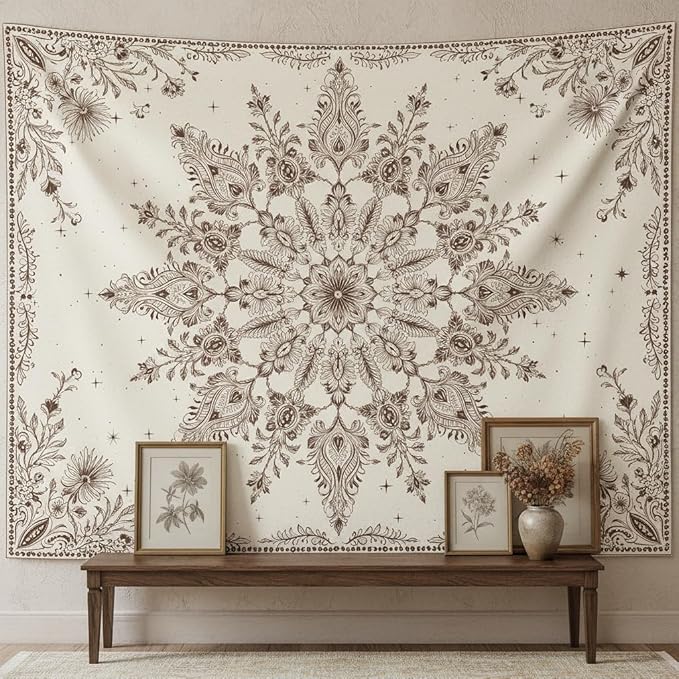 Accnicc Boho Floral Mandala Tapestry Wall Hanging Bohemian Beige Flower Tapestry Aesthetic Hippie Indian Large Tapestries for Bedroom Living Room Dorm Decor 80 x 60 Inch