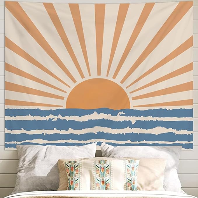 Atrippy Boho Hippie Sun Wall Tapestry for Bedroom Aesthetic, Bohemian Retro 70s Tapestries Hanging, Vintage Indian Sunset Sea Wave Art Poster for Living Room Dorm Decor (51" X 60")