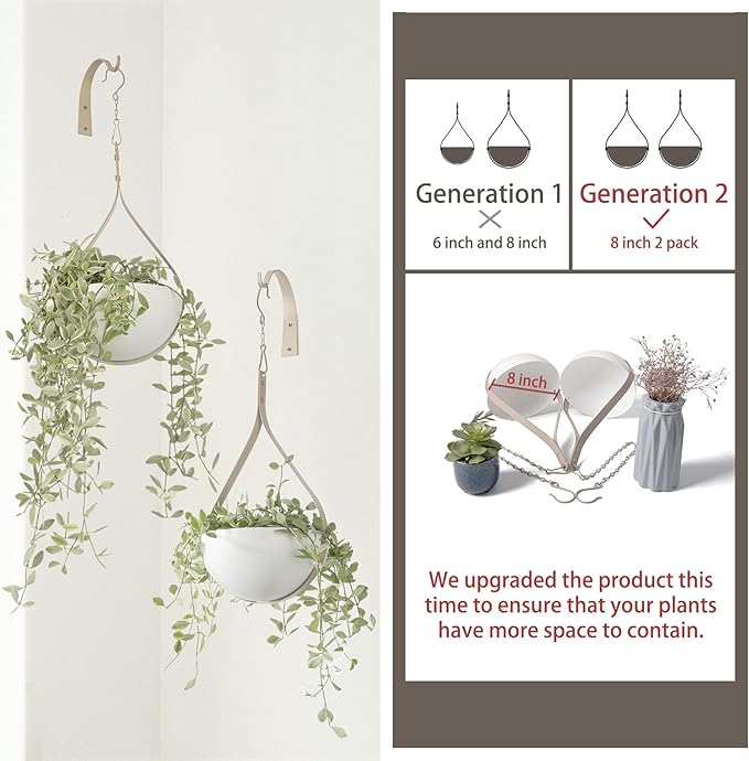 Hajia 2 Pack Waterdrop Shaped Hanging Planter, Beige Metal Plant Hanger with Non-Detachable Pots, Boho Hanging Plant Holder for Wall and Ceiling Decor.(No Plants or Drainage Holes)