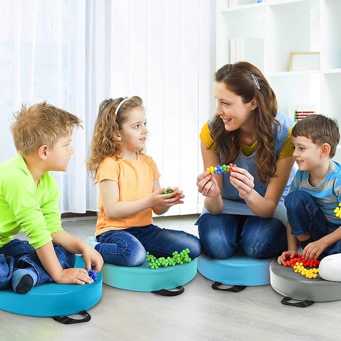 HONEY JOY 6PCS Floor Cushions for Kids, 15 Inch Flexible Alternative Portable Classroom Seating w/Handles, Easy to Clean, 3 Inch Thick Soft Foam Circle Comfy Seats for Daycare Preschool(Round, Blue)