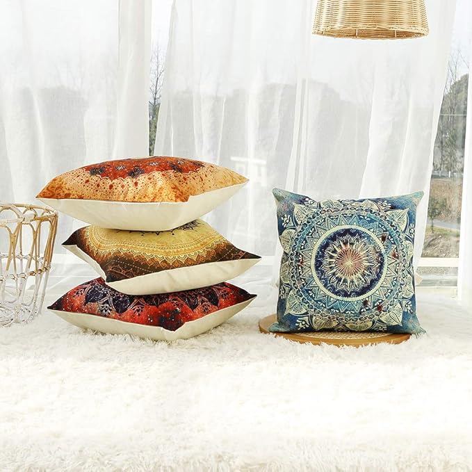 Jartinle Set of 4 Retro Floral Mandala Compass Medallion Bohemian Pillow Covers Boho Decor Hippie Throw Pillows Decorative for Sofa Couch 18 x 18
