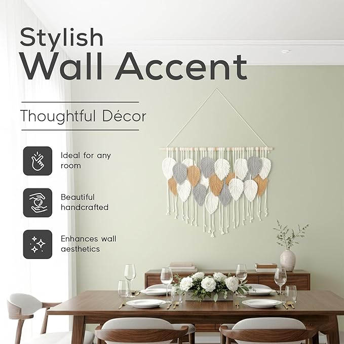 Large Macrame Wall Hanging Decor – Handmade Cotton Cord Boho Room Decor for Bedroom, Nursery, Office – 39” W x 29.5” L (Silver, Gold, White)