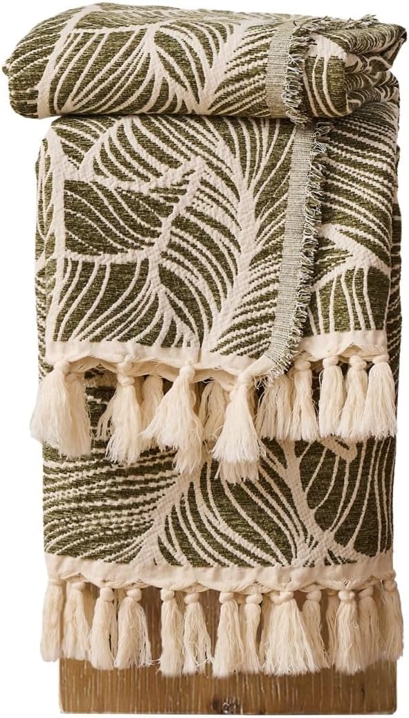 DOWN HOME Chenille Cotton Throw Blanket for Couch, Lightweight Boho Blanket for Bed Sofa Chair Living Room Outdoor Soft Woven Decorative Blanket with Tassel Gift Olive Leaves 60"x80"