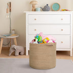 Large Wicker Storage Basket, 16" x 14" Jute Woven Basket with Handle, Living Room Blanket Storage, Big Wicker Laundry Basket, Kids Toy Bin Box Organizer, Decorative Round Baskets for Decor