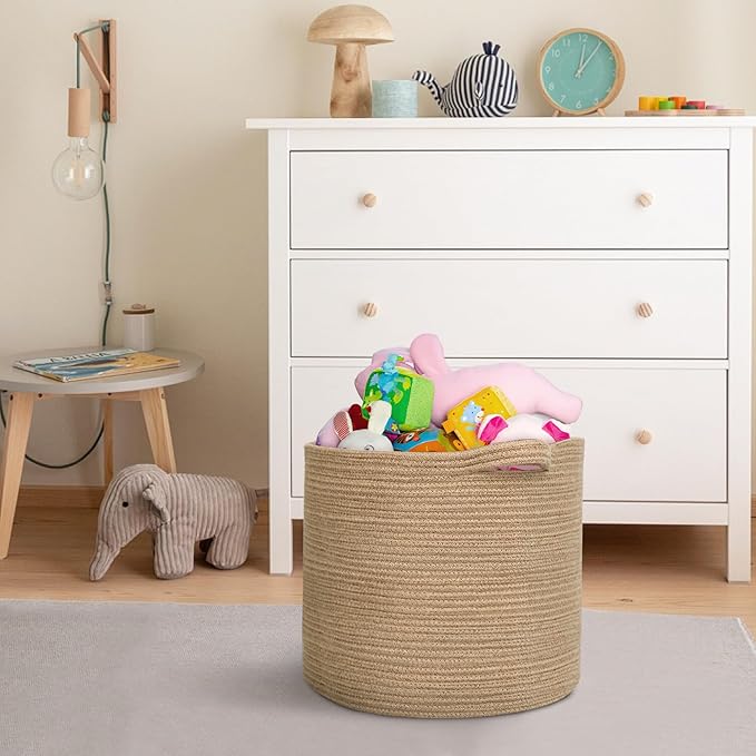 Large Wicker Storage Basket, 16" x 14" Jute Woven Basket with Handle, Living Room Blanket Storage, Big Wicker Laundry Basket, Kids Toy Bin Box Organizer, Decorative Round Baskets for Decor
