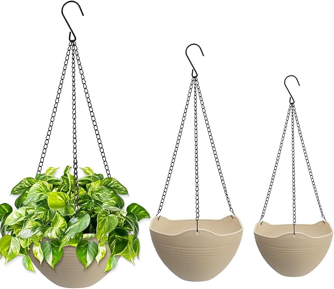 Hanging Planters for Indoor Plants 3 Pack - 7/8/10 Inch Plastic Hanging Pots with Water Sieve Mesh, Small Hanging Pots for Home Garden, Porch, Balcony & Patio Decor, Beige