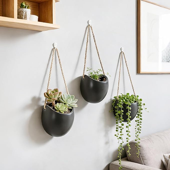 Set of 3 Ceramic Hanging Planters for Small Plants & Artificial Greenery, Wall Decor for Bathroom Living Room Bedroom Home Office Corridors