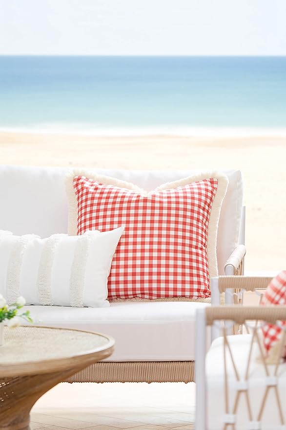 Hofdeco Premium Coastal Patio Tufted Indoor Outdoor Lumbar Pillow Cover Only, 12"x20" Water Resistant for Backyard, Couch, White Fluffy Stripes