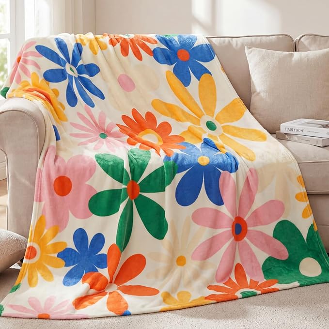 Frienda Vintage Flower Blanket Boho Colorful Throw Blanket Hippie Soft Blanket Preppy Decor Aesthetic Floral Flannel Throw Blanket for Sofa Couch Bed Chair or Dorm Supplies 50" x 60"