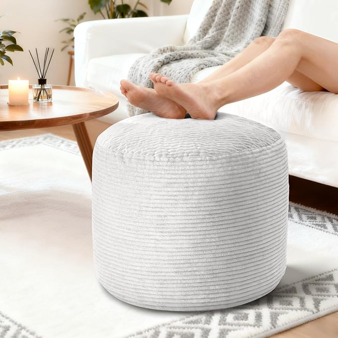 Pouf Ottoman Foot Rest, Comfortable & Soft, Round Footstool for Living Room, Bedroom, Office, Room Decoration, Corduroy Foot Stool Pouf with Odorless & Anti-Clump Filling, Small Grey