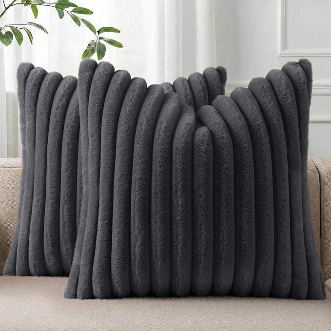 Pallene Faux Fur Plush Throw Pillow Covers 26x26 Set of 2, Luxury Soft Fluffy Striped Decorative Pillow Covers for Sofa, Couch, Living Room, Dark Grey