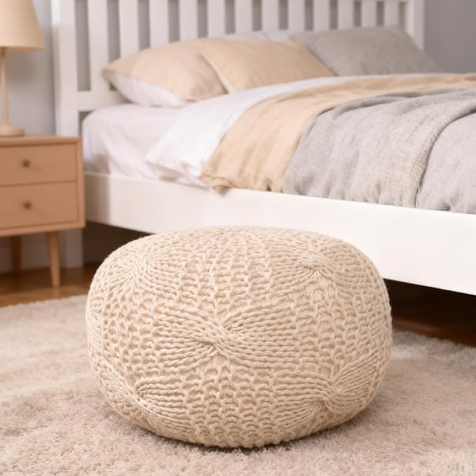 Round Pouf Ottoman, 18" Bordeaux Knitted Cotton Woven Round Pouf, Handmade Woven Bean Bag for Living Room, Floor Bag for Bedrooms, Home, Offices, Sofa Footrest (Beige - 2)