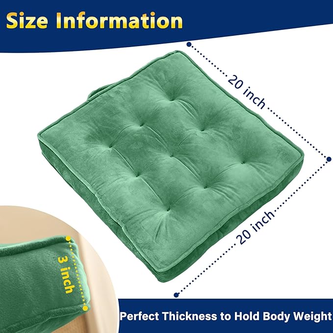 Floor Pillow Set of 2, Memory Foam Meditation Cushion, Floor Cushions for Adults Sitting, Large Square Seat Cushions for Yoga, Living Room, 20x20 Inch (Green)