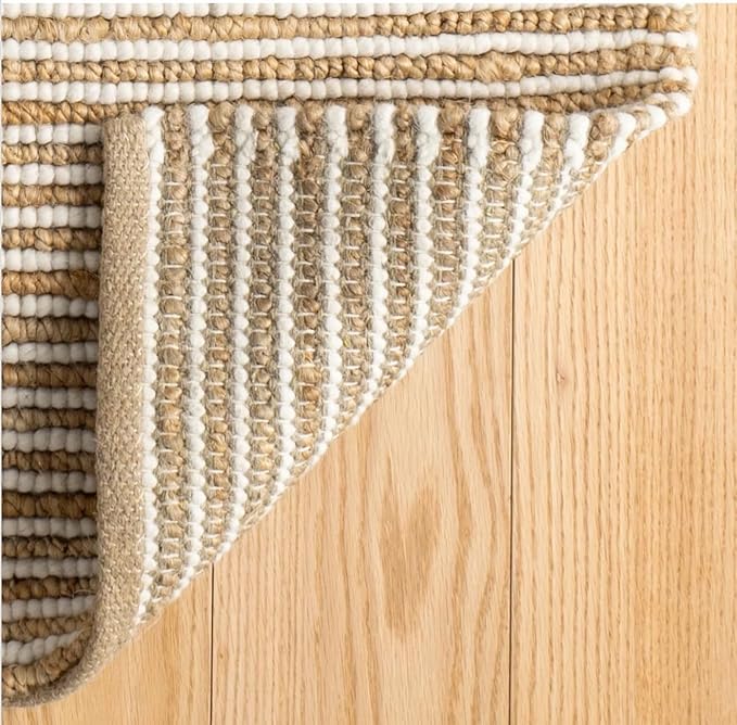 FRELISH DECOR Wool and Jute Premium Handwoven Chunky Stripes Rug - Contemporary Doormat for Bedroom Entryway Kitchen (2' x 3' - Natural Ivory)