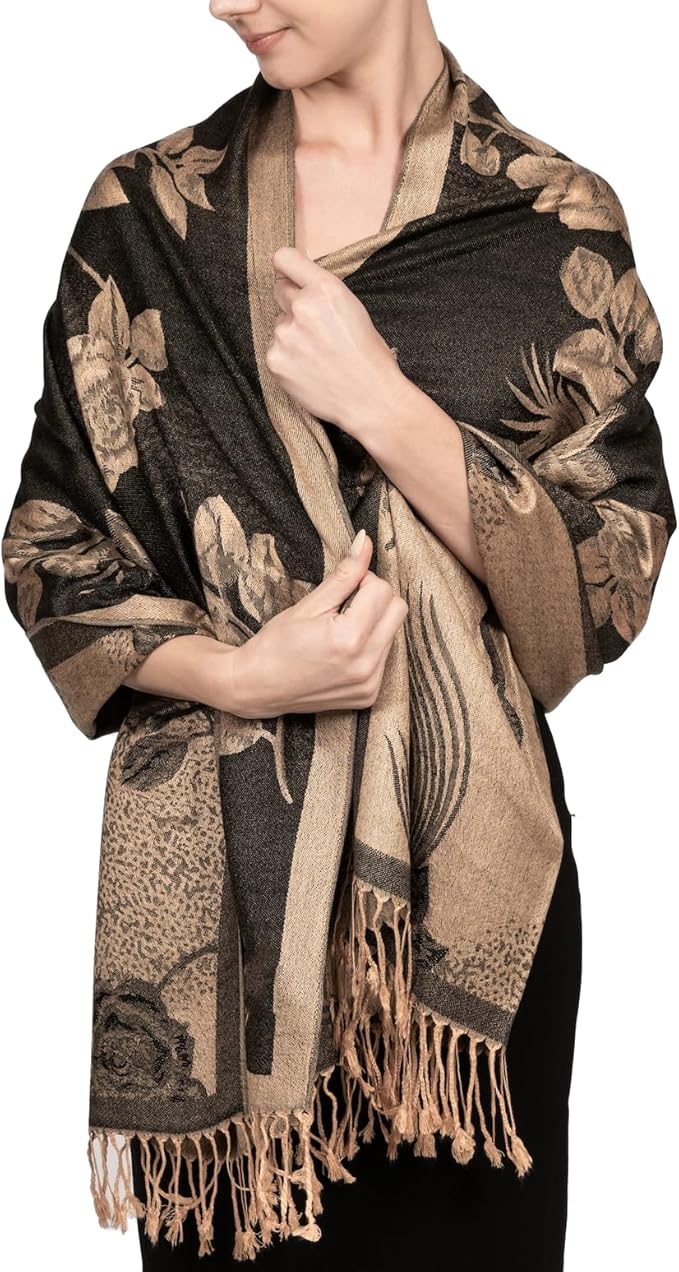 Achillea Reversible Paisley Pashmina Rave Scarf – Exotic Indian Shawls and Wraps for Evening Dresses, Festivals, All Seasons