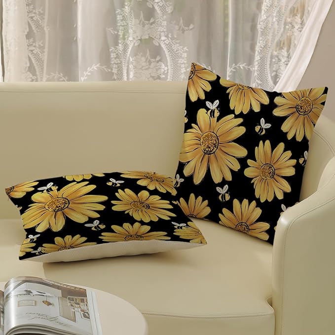 Summer Pillow Covers 18x18 Inch Set of 2 Black Background Yellow Sunflowers Bee Pillow Covers Spring Outdoor Pillow Cases Linen Farmhouse Seasonal Cushion Covers Decor for Living Room Bedroom