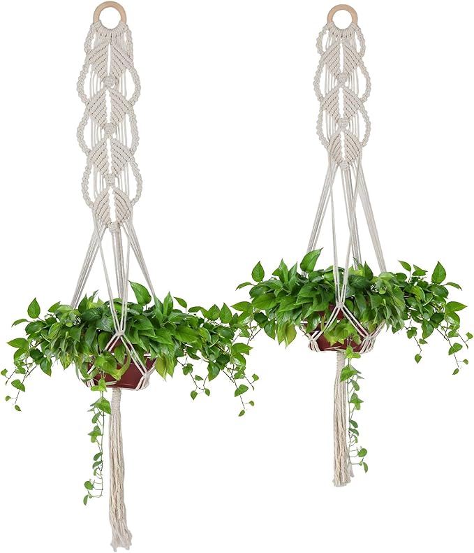 Set of 2 Boho Macrame Plant Hanger, 37 Inch Extra Long Plant Hangers Indoor, Hanging Plant Holder for Indoor Plants, Macrame Pot Holder, Hanging Macrame Basket Indoor Garden Decor