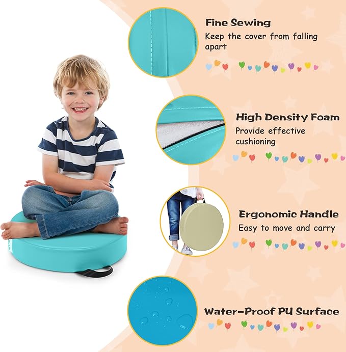 HONEY JOY 6PCS Floor Cushions for Kids, 15 Inch Flexible Alternative Portable Classroom Seating w/Handles, Easy to Clean, 3 Inch Thick Soft Foam Circle Comfy Seats for Daycare Preschool(Round, Blue)