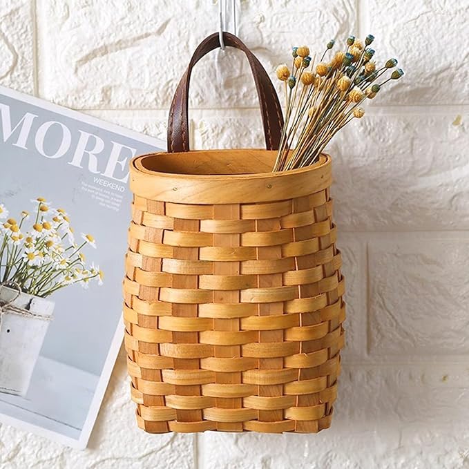 Hanging Wall Basket Wood Woven Basket, Small Hanging Basket for Wall Decor, Decorative Flower Basket for Front Door
