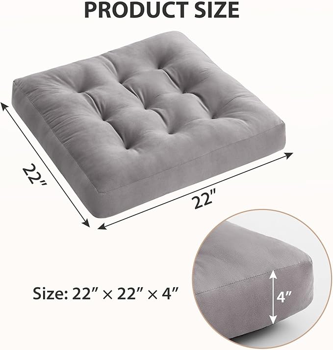 Meditation Floor Pillow Set of 1, Square Large Pillows Seating for Adults, Meditation Cushion Pillow,Tufted Corduroy Cushion for Tatami Living Room or Yoga, Light Gray, 22x22 Inch